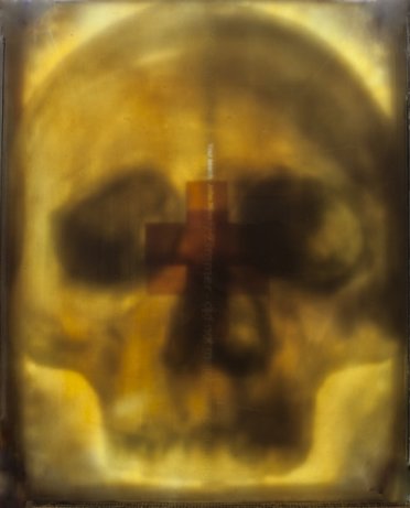 The Presence of Absence, a multi-layered glass painting featuring a large skull, two red crosses, and a subtle laser etching